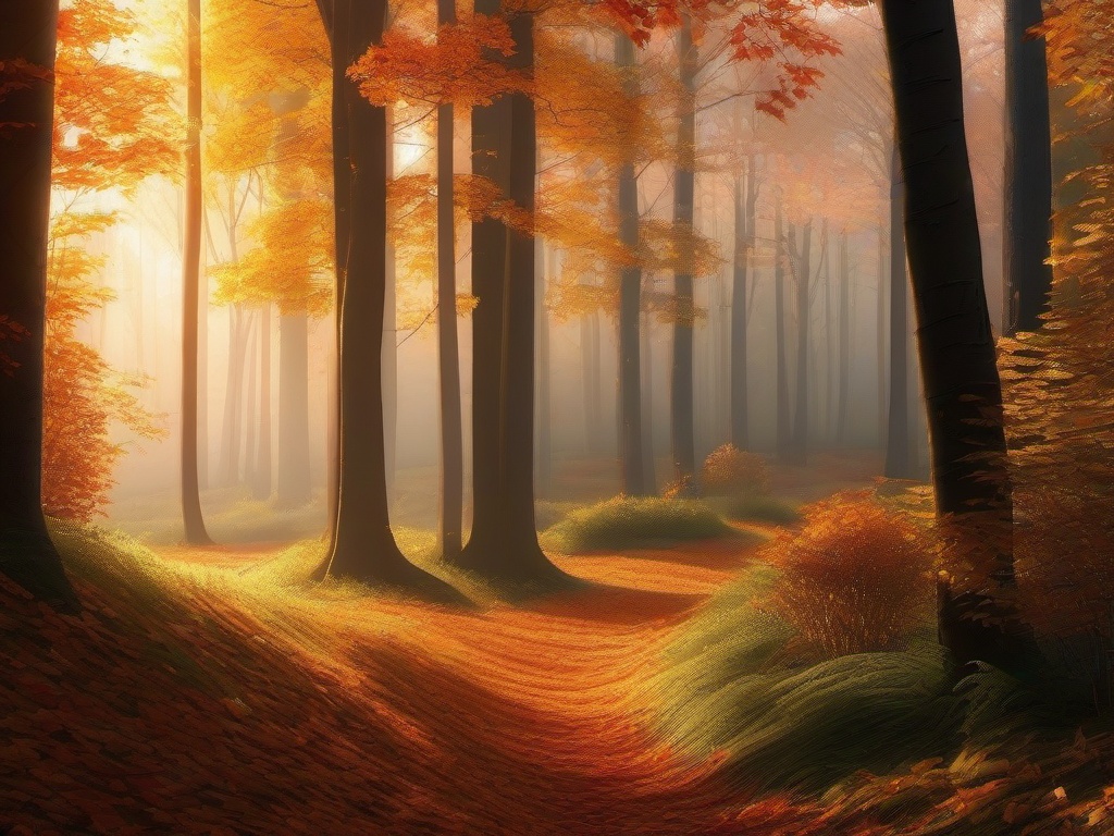 Thanksgiving Wallpaper-A peaceful autumn forest, with soft sunlight filtering through the trees, creating a serene Thanksgiving atmosphere.  aesthetic background wallpaper