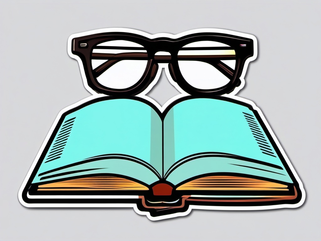 Book and Glasses Sticker - Reading glasses on an open book, ,vector color sticker art,minimal