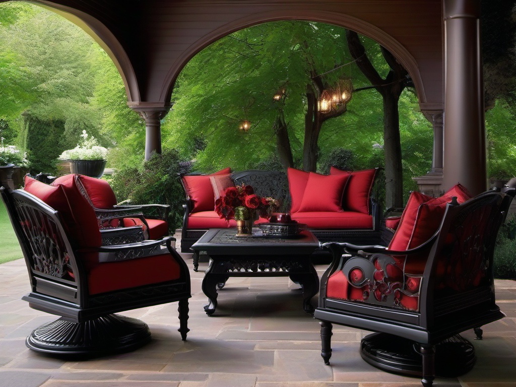 Gothic patio incorporates dark wood furniture, rich colors, and dramatic decor that create a moody and inviting outdoor space for relaxing.  