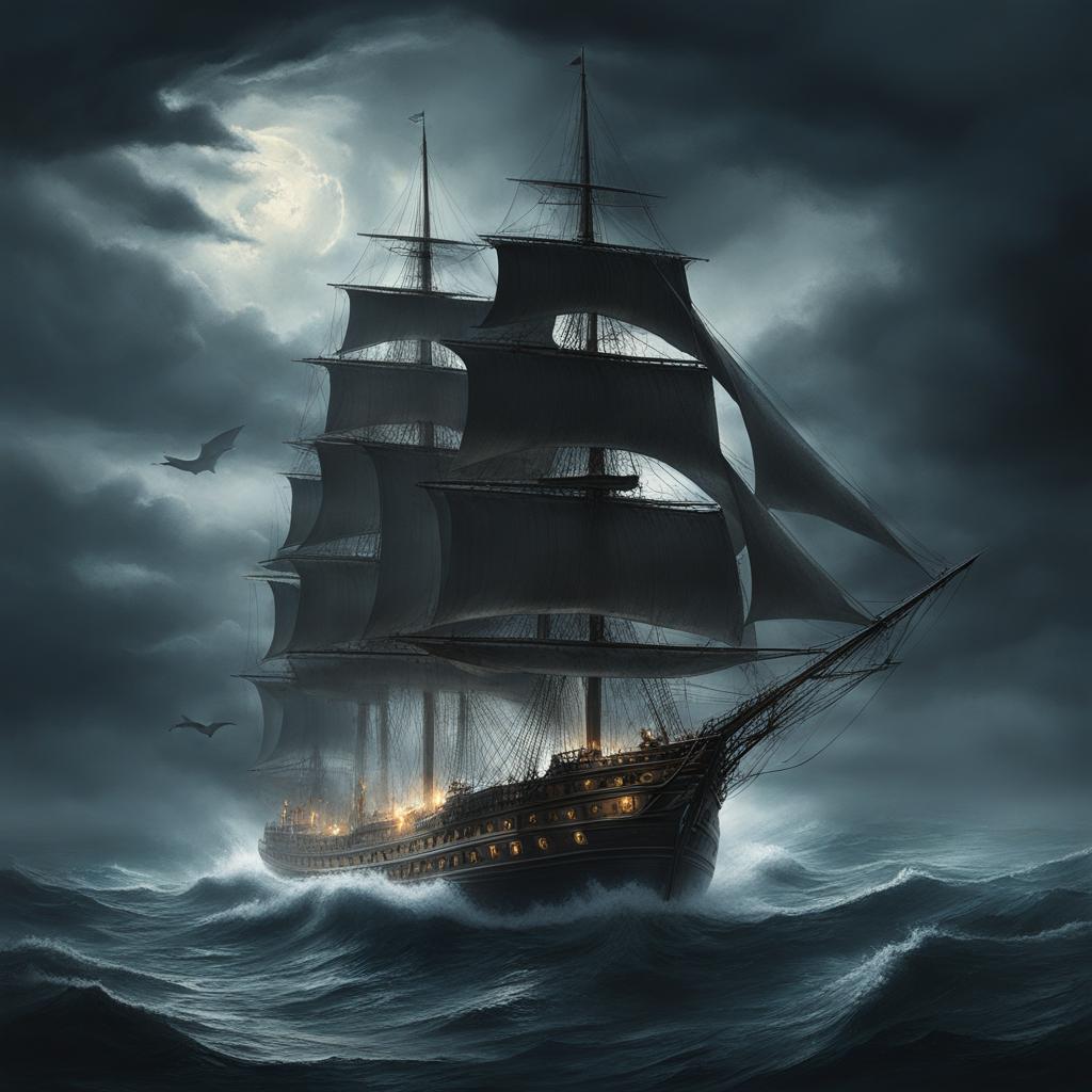 phantom ship on dark waters - paint a phantom ship sailing on dark and stormy waters, manned by ghostly sailors. 