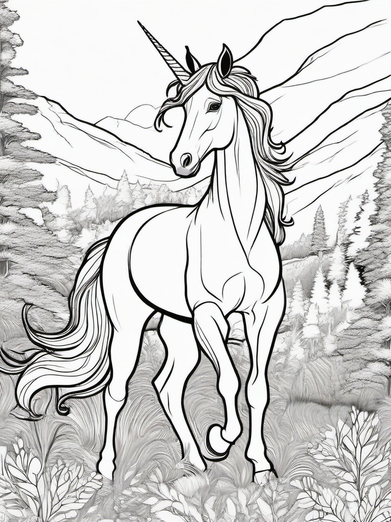 Wild Unicorn Coloring Pages - Majestic Unicorn Roaming Free in Nature  minimal black outline printable sheet, coloring page