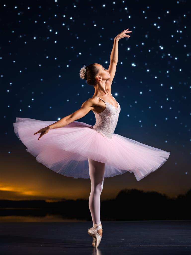 graceful ballerina performing a breathtaking dance routine under a starlit sky. 