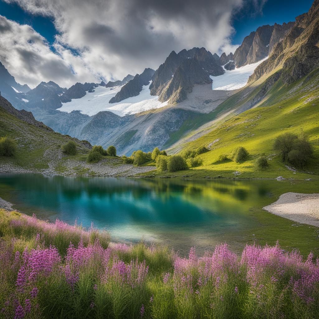 secrets of the ecrins national park - create an artwork that unveils the secrets of ecrins national park, with glaciers, alpine lakes, and wildflower meadows. 