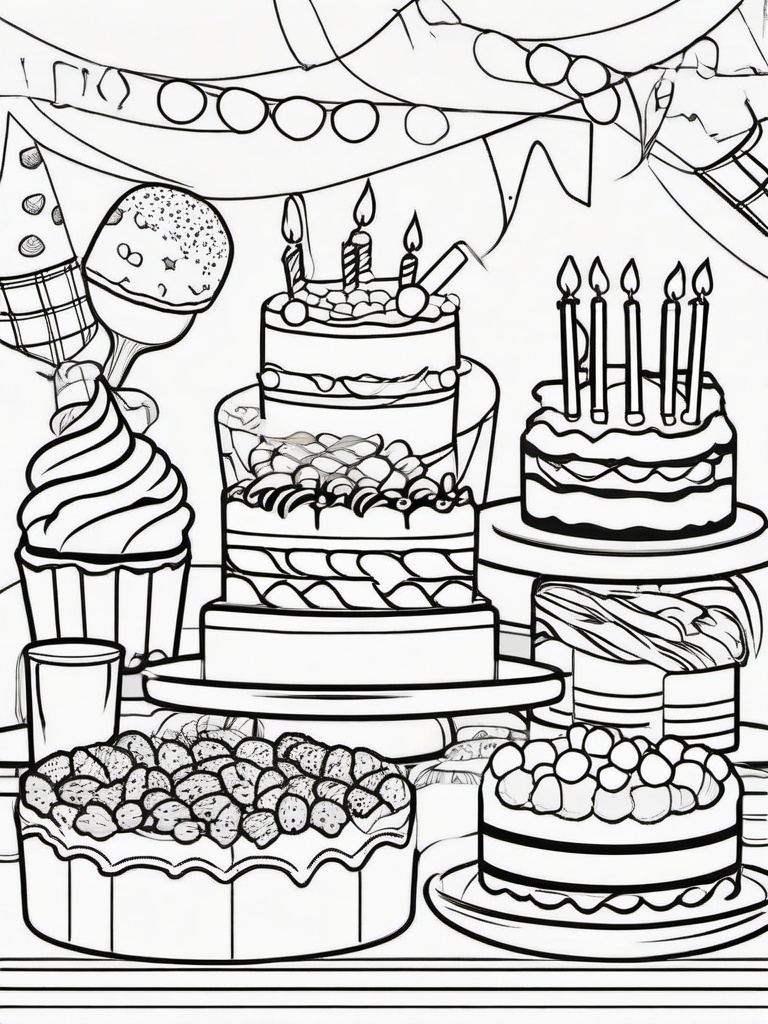 Birthday Party Table with Food Coloring Pages - Table Filled with Party Snacks  minimal black outline printable sheet, coloring page