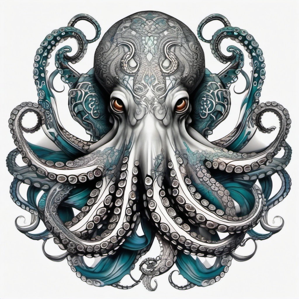 Octopus tattoo, Intricate octopus tattoo, representing intelligence and adaptability. , tattoo color art, clean white background