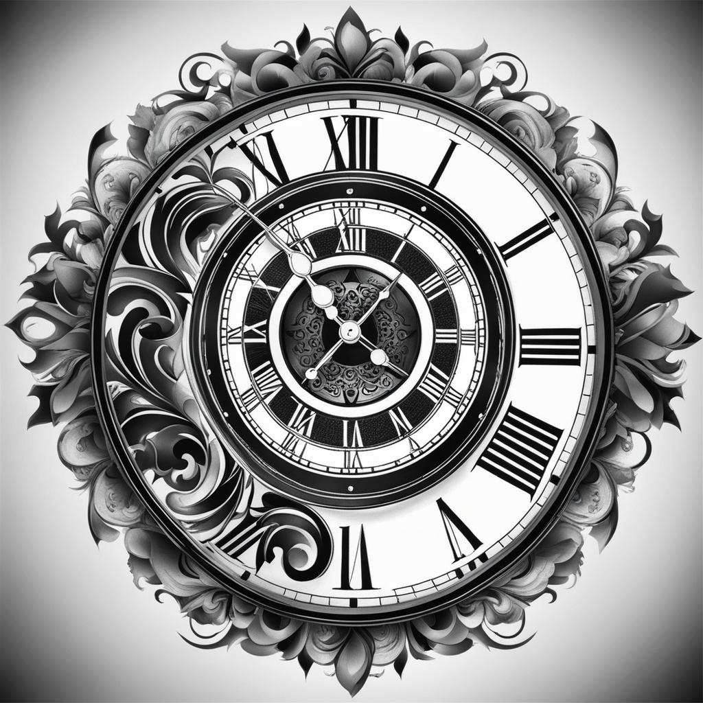 clock tattoo black and white design 