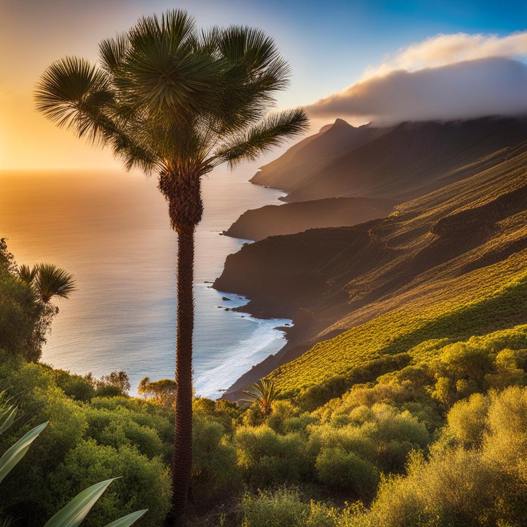 untouched landscapes of la gomera - paint a scene from the pristine landscapes of la gomera in the canary islands, featuring lush forests and serene beaches. 