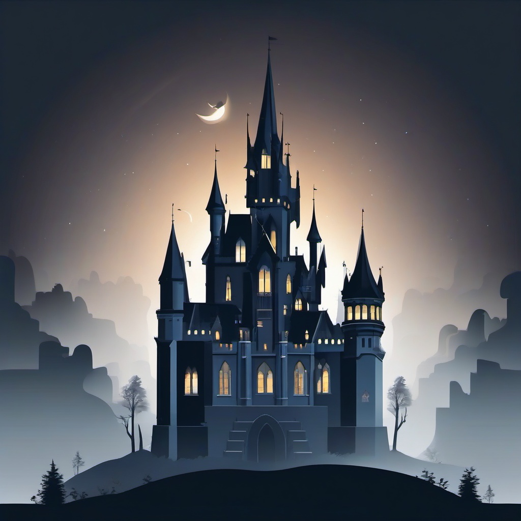 Towering gothic castle on a foggy night clipart.  vector style illustration, white background