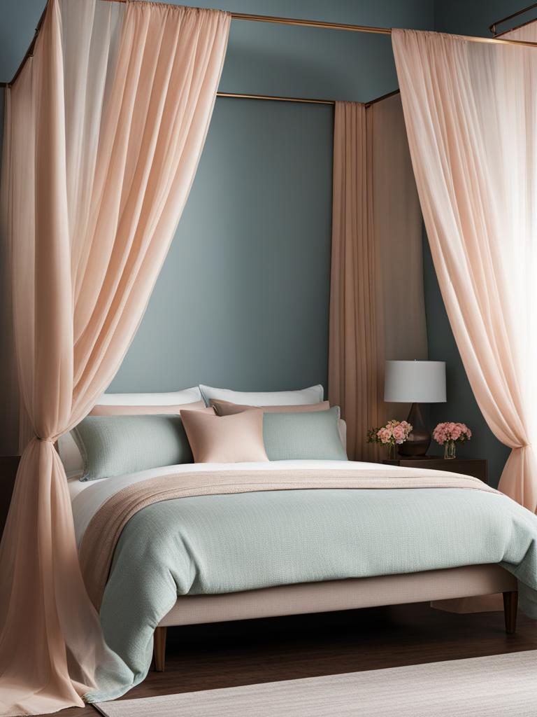 serene bedroom with a canopy bed draped in sheer curtains and soft pastels. 