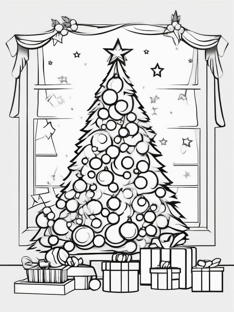 Santa and Christmas Tree Coloring Pages - Decorating a Festive Christmas Tree  minimal black outline printable sheet, coloring page