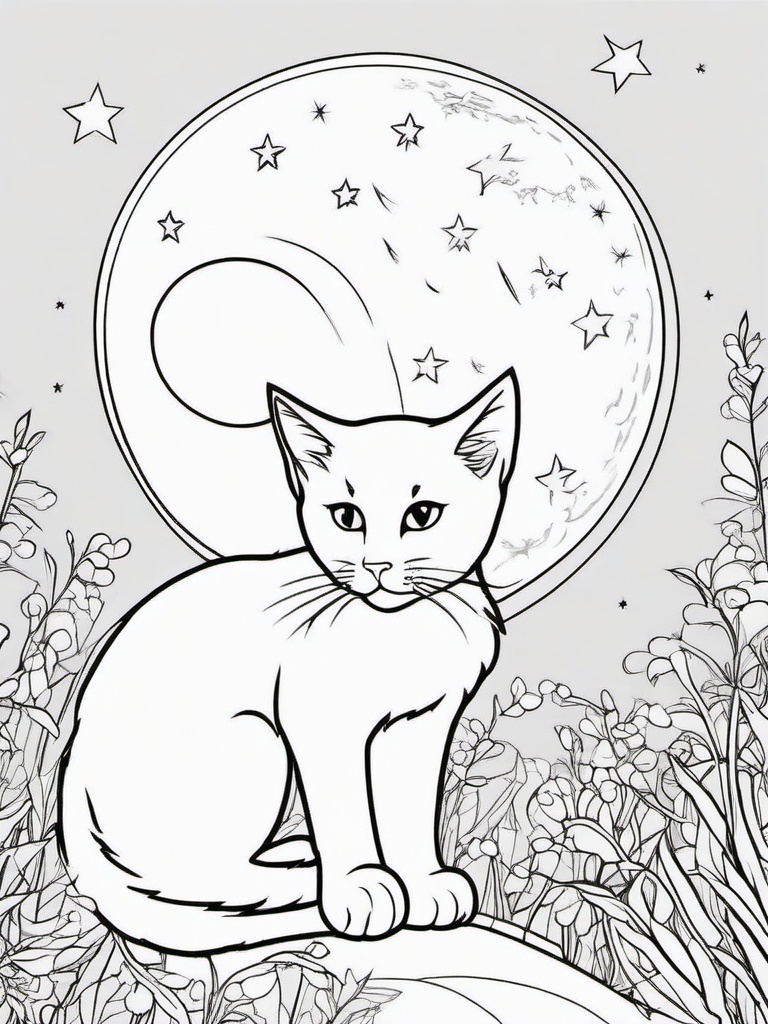 Kitty and Moon Coloring Pages - Dreamy Kitten Under the Moonlight  minimal black outline printable sheet, coloring page