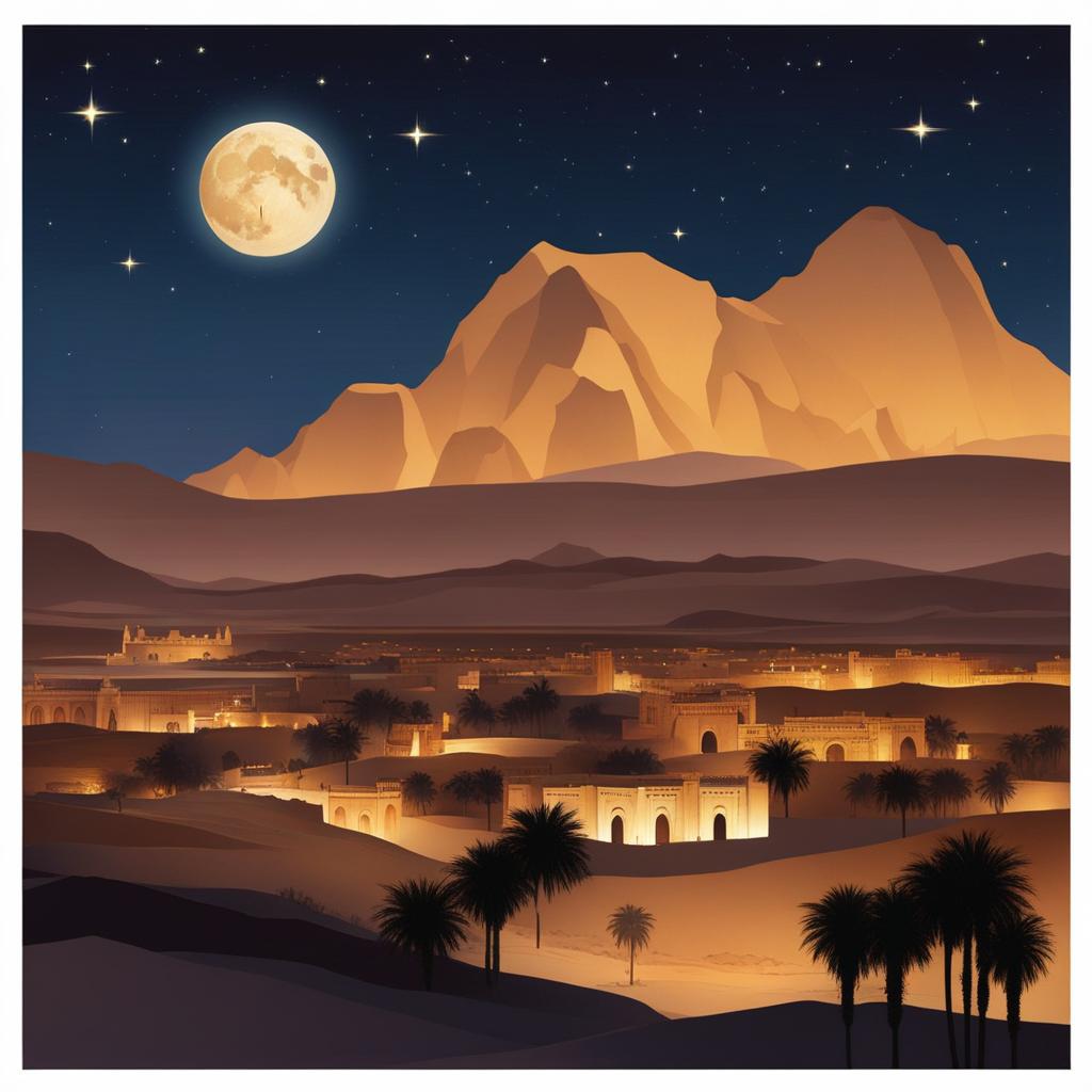 turpan - illustrate the captivating night scene of turpan, an oasis city in the desert, with its ancient silk road ruins glowing under the starry sky. 