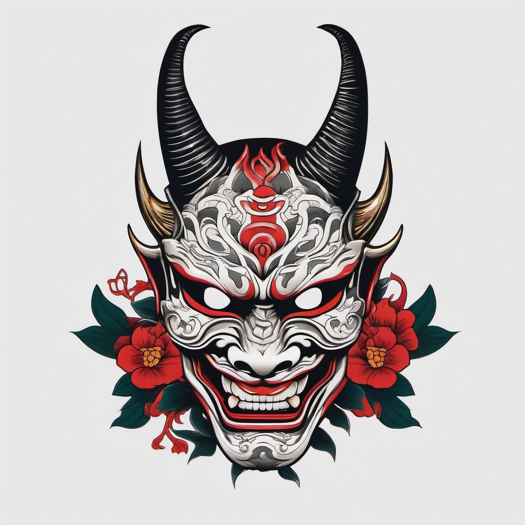 Hannya Mask Irezumi - A traditional Japanese tattoo featuring the iconic Hannya mask, adhering to the aesthetic principles of Irezumi.  simple color tattoo,white background,minimal