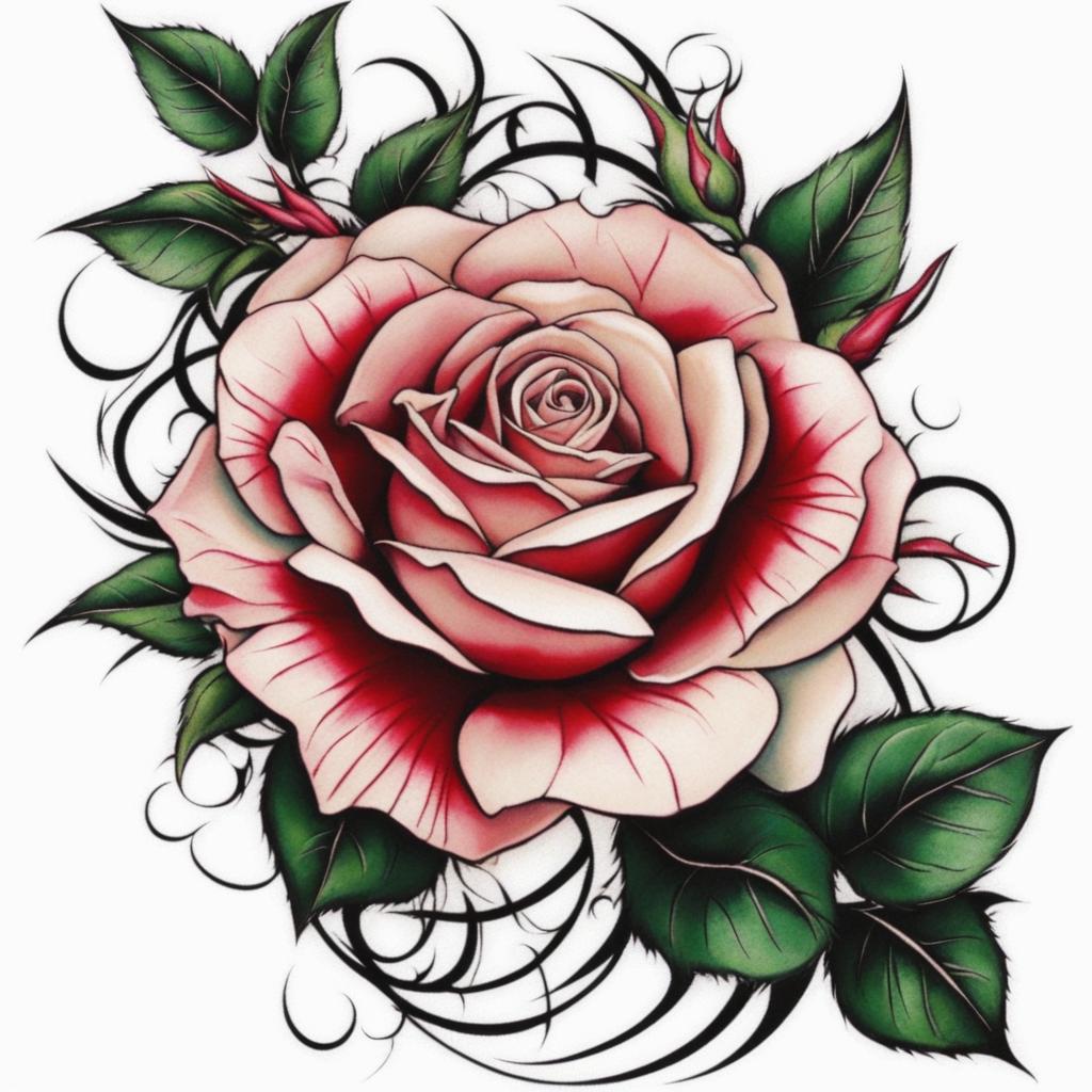 Rose with thorns tattoo, Tattoos featuring roses with thorns, symbolizing strength and beauty.  color, tattoo patterns, white clean background