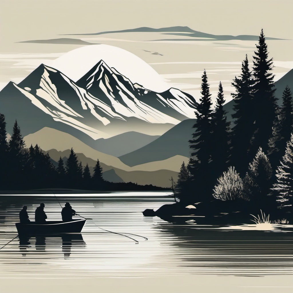 Fishing clipart - fishing scene with mountains in the background  