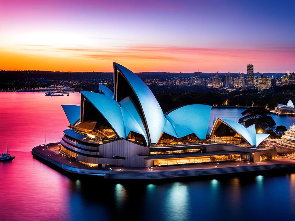 sydney opera house - highlight the futuristic elegance of the sydney opera house, set against the harbor's blue waters. 