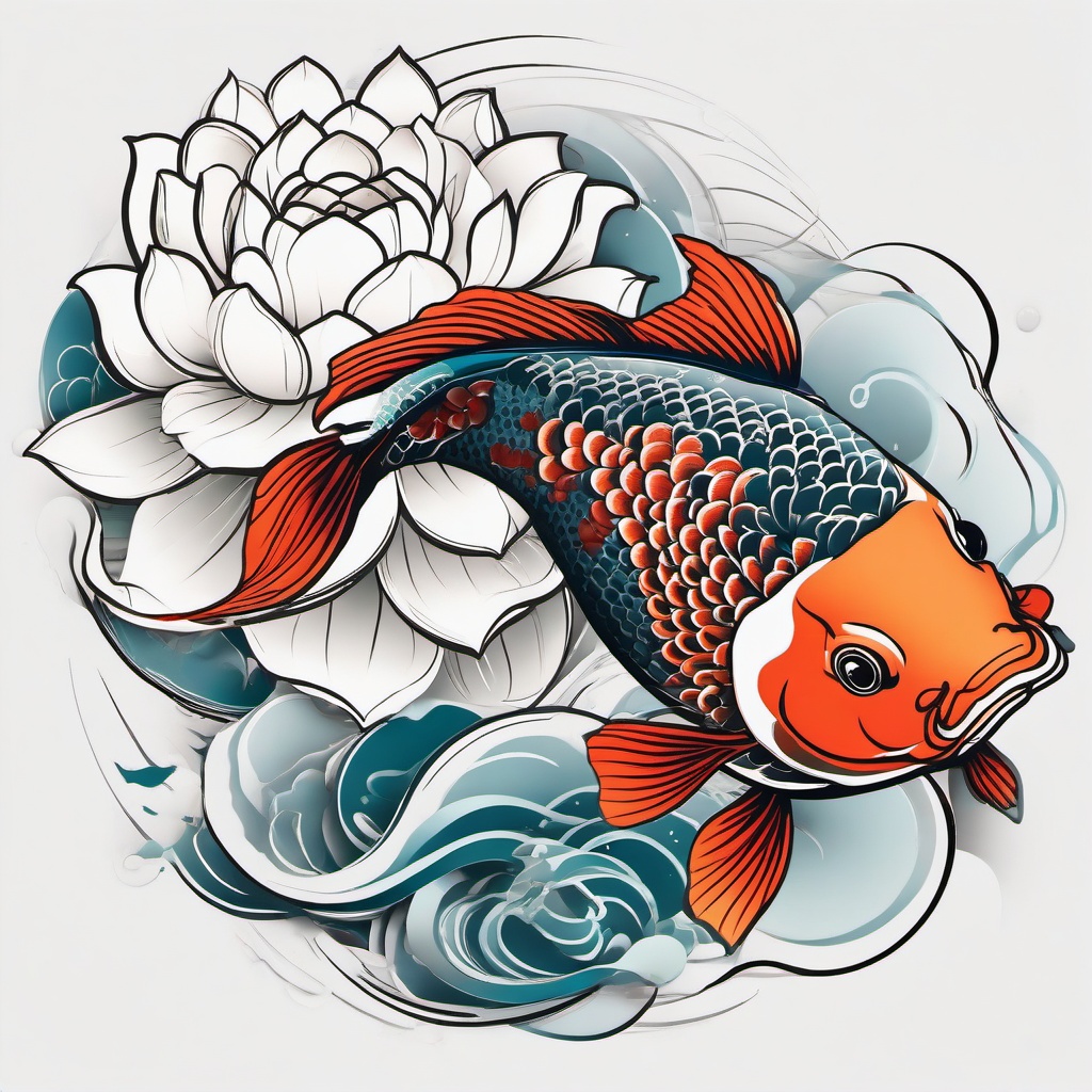 Japanese Koi Fish with Lotus Flower Tattoo Designs - Koi fish with lotus flower tattoo designs in Japanese style.  simple color tattoo,white background,minimal