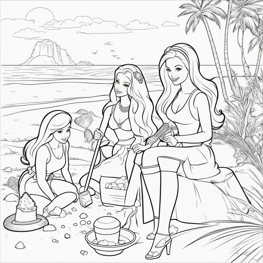 barbie coloring pages - barbie and her friends have a fun beach day building sandcastles. 