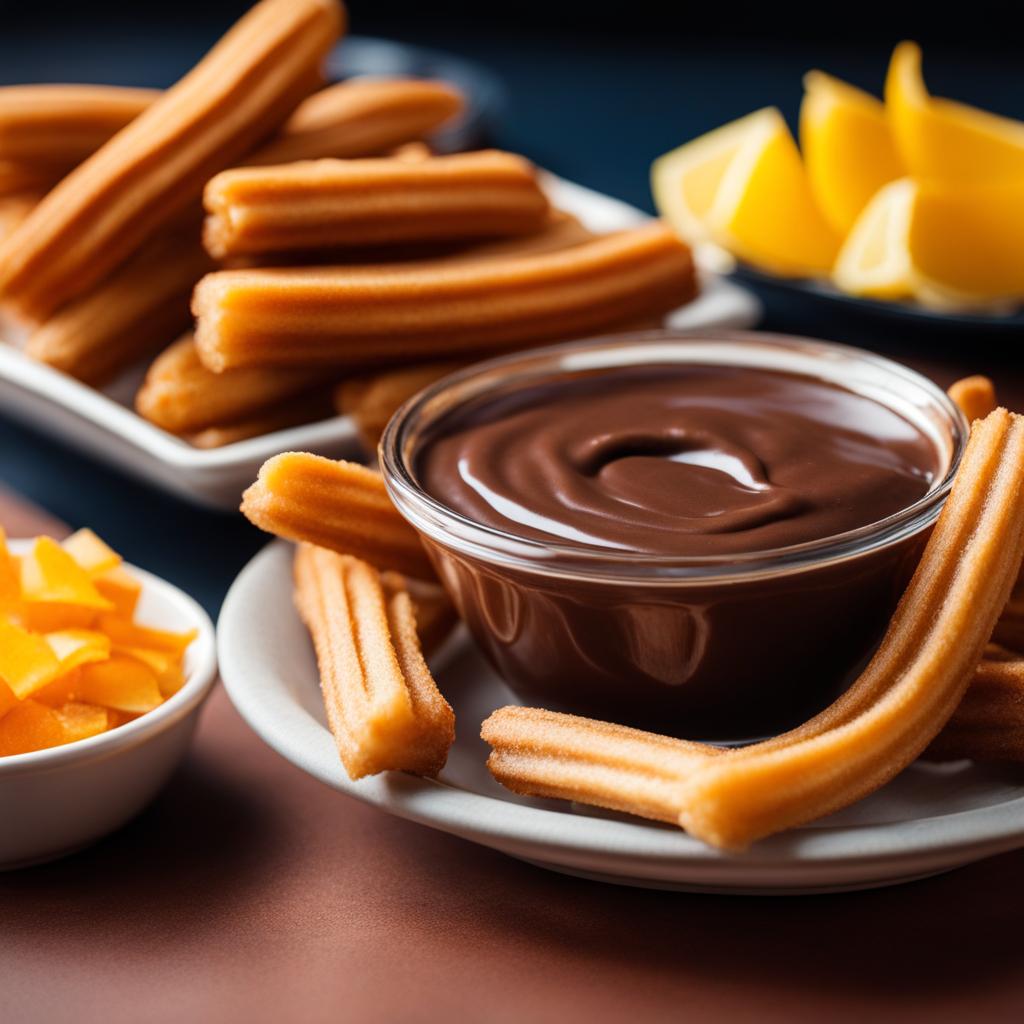 churros with chocolate dipping sauce, indulged at a vibrant fiesta in a mexican plaza. 