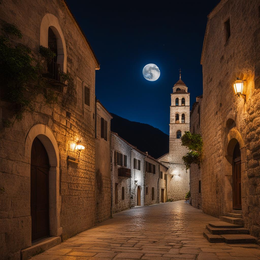 kotor, montenegro - paint the medieval charm of kotor's old town, with its ancient walls and narrow streets under the moonlight. 