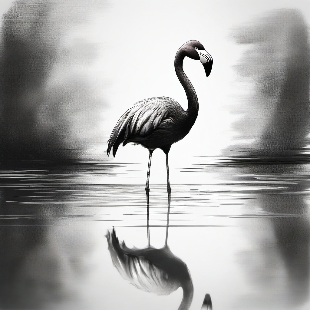 drawing of a flamingo with its reflection in the water  minimal rough sketch scribbles,doodles,black and white