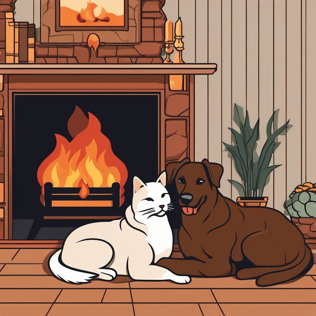 Dog cat cuddling by the fireplace clipart  simple, 2d flat