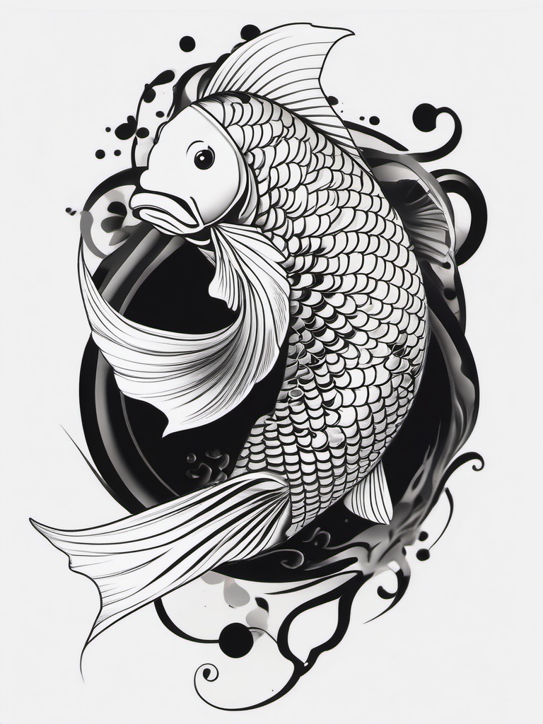 Koi Black and White Tattoo,a black and white koi fish tattoo, celebrating the elegance and strength of this aquatic creature. , tattoo design, white clean background