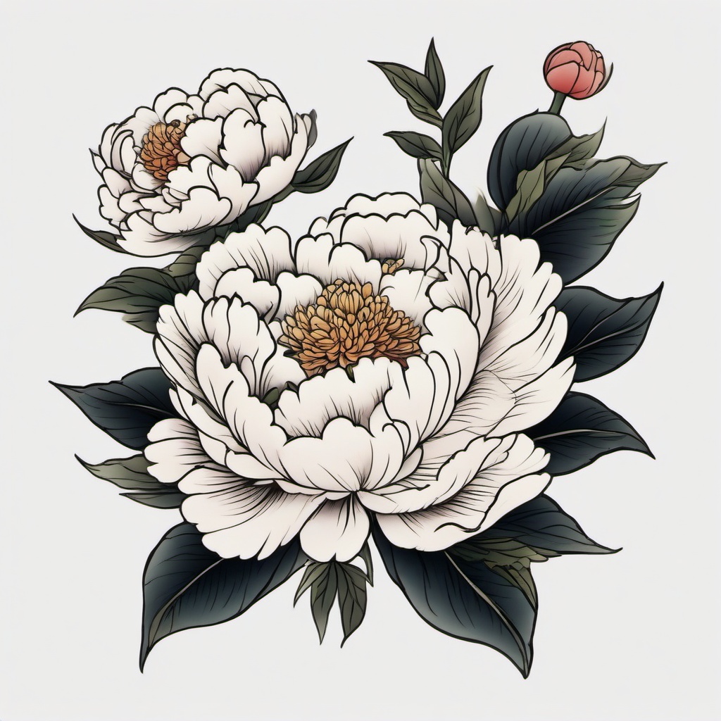 Japanese Traditional Peony Tattoo - Traditional Japanese peony tattoo.  simple color tattoo,white background,minimal