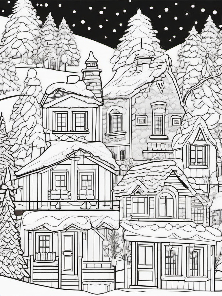 Winter Village Coloring Pages - Cozy Villages Covered in Snow  minimal black outline printable sheet, coloring page