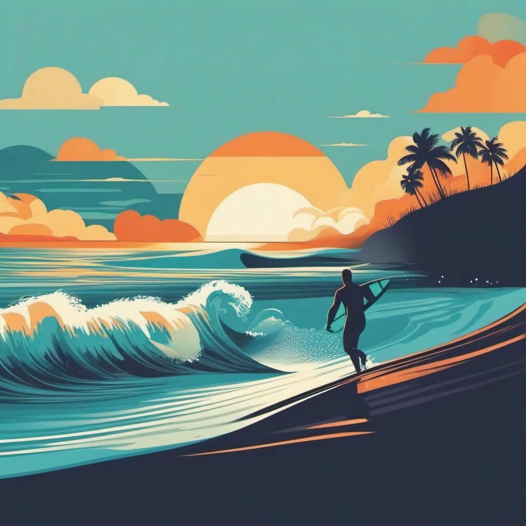 Beach Surfing Clipart - A surfer catching waves at the beach.  color vector clipart, minimal style