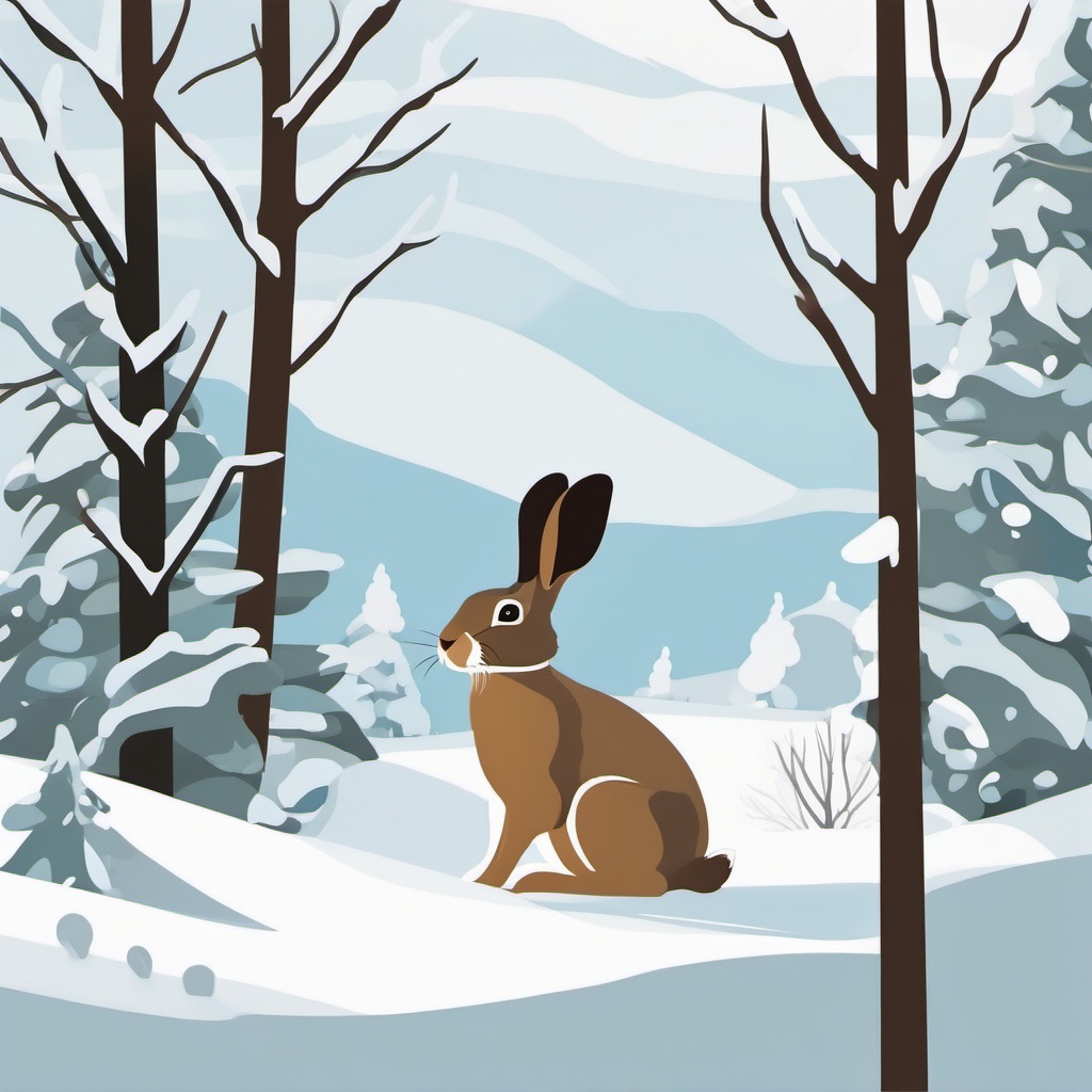 Snowshoe Hare Clip Art - Snowshoe hare in the winter landscape,  color vector clipart, minimal style