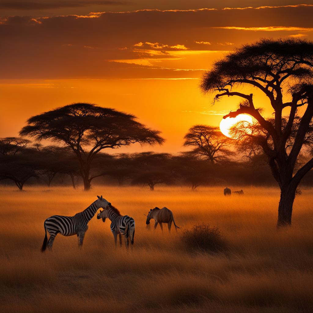 savannah sunset, capturing the golden hues and wildlife of the african savannah at dusk. 