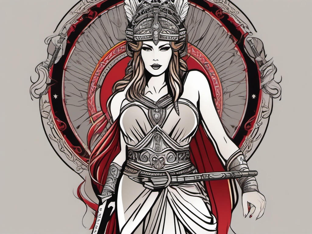 Goddess of War Tattoo-Bold and empowering tattoo featuring a goddess of war, capturing themes of strength and femininity.  simple color vector tattoo