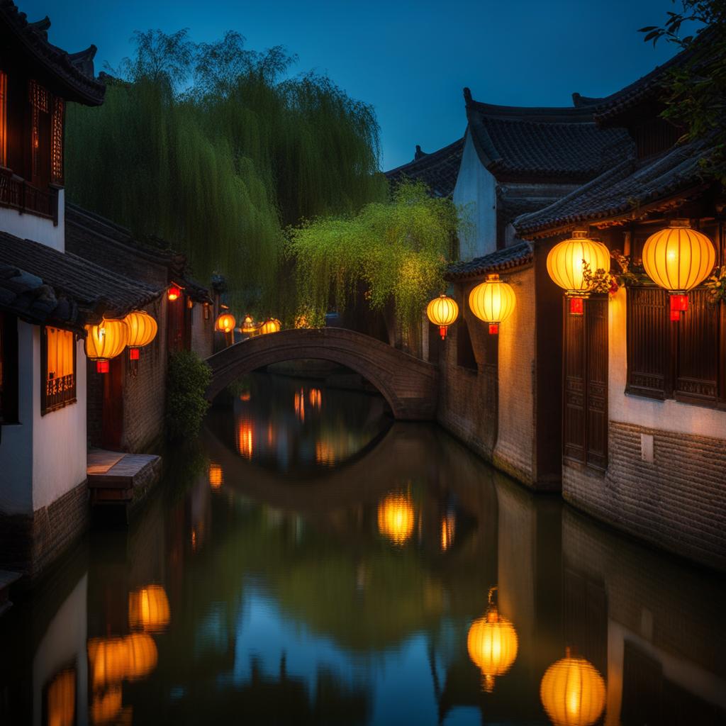 zhouzhuang water town - create a night scene of zhouzhuang, the venice of the east, with its picturesque canals, ancient bridges, and traditional houses glowing with lantern light. 