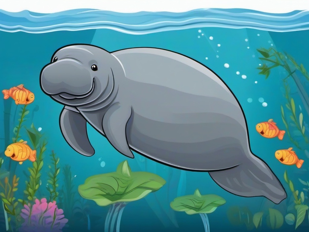 Manatee Cartoon - Cartoon of manatee drifting in river  