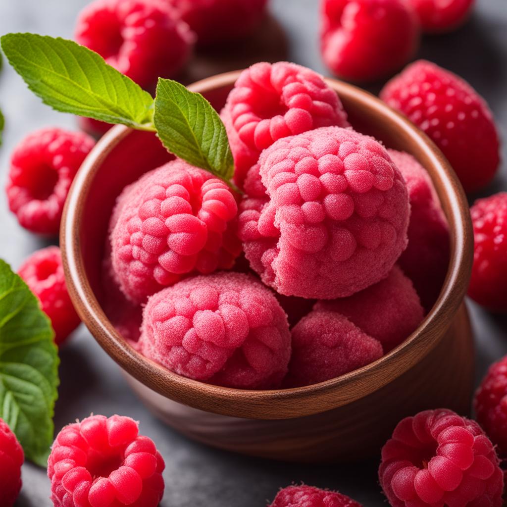 a scoop of velvety raspberry sorbet, bursting with the vibrant flavor of ripe raspberries. 