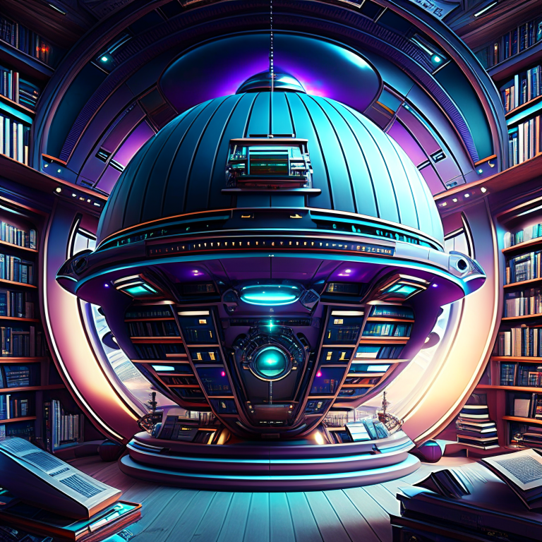 alien spaceship library filled with extraterrestrial literature and advanced technology. 