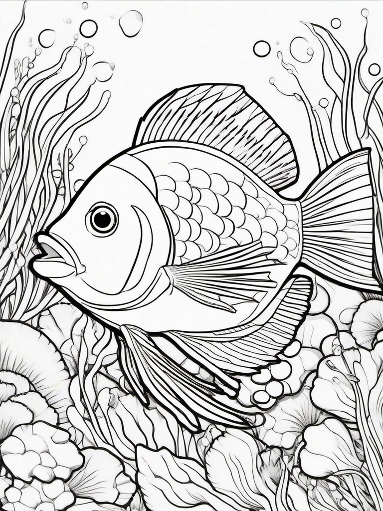 Fish Coloring Pages - Fish with colorful sea anemones around it  simple coloring pages