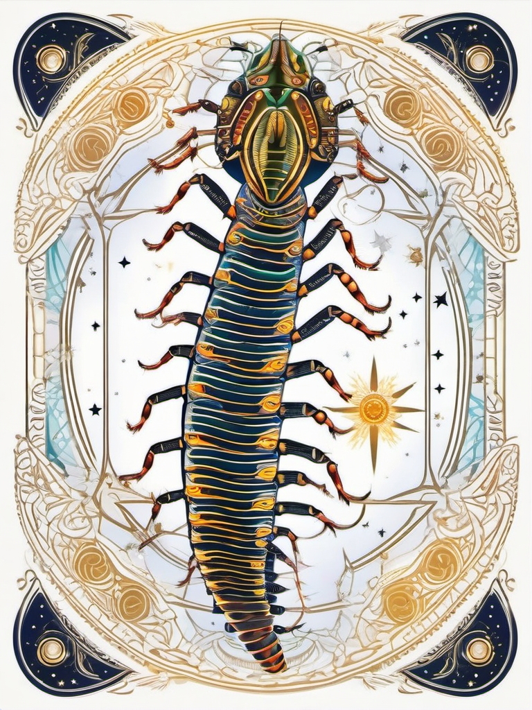 Centipede with celestial constellations design: Cosmic alignment in insect art.  color tattoo style, white background