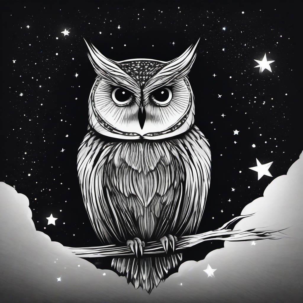 drawing of an owl surrounded by stars  minimal rough sketch scribbles,doodles,black and white