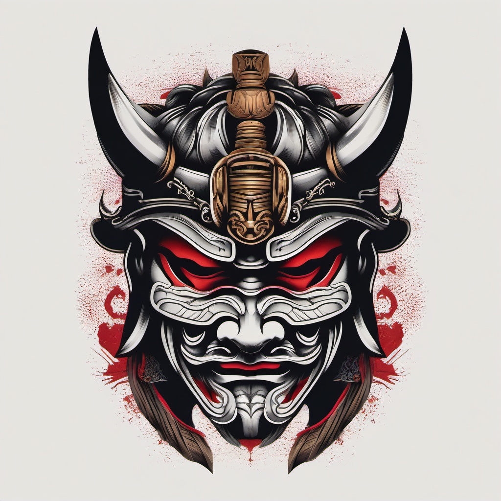 traditional samurai mask tattoo  simple color tattoo,white background,minimal