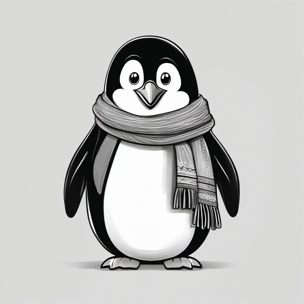 drawing of a cartoon penguin with a scarf  minimal rough sketch scribbles,doodles,black and white