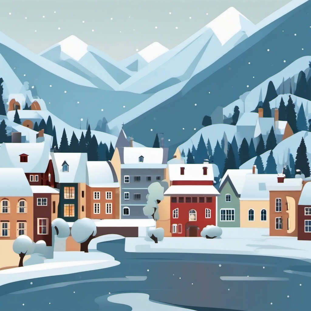 Snow-Covered Town clipart - Snow-covered town in a valley, ,vector color clipart,minimal