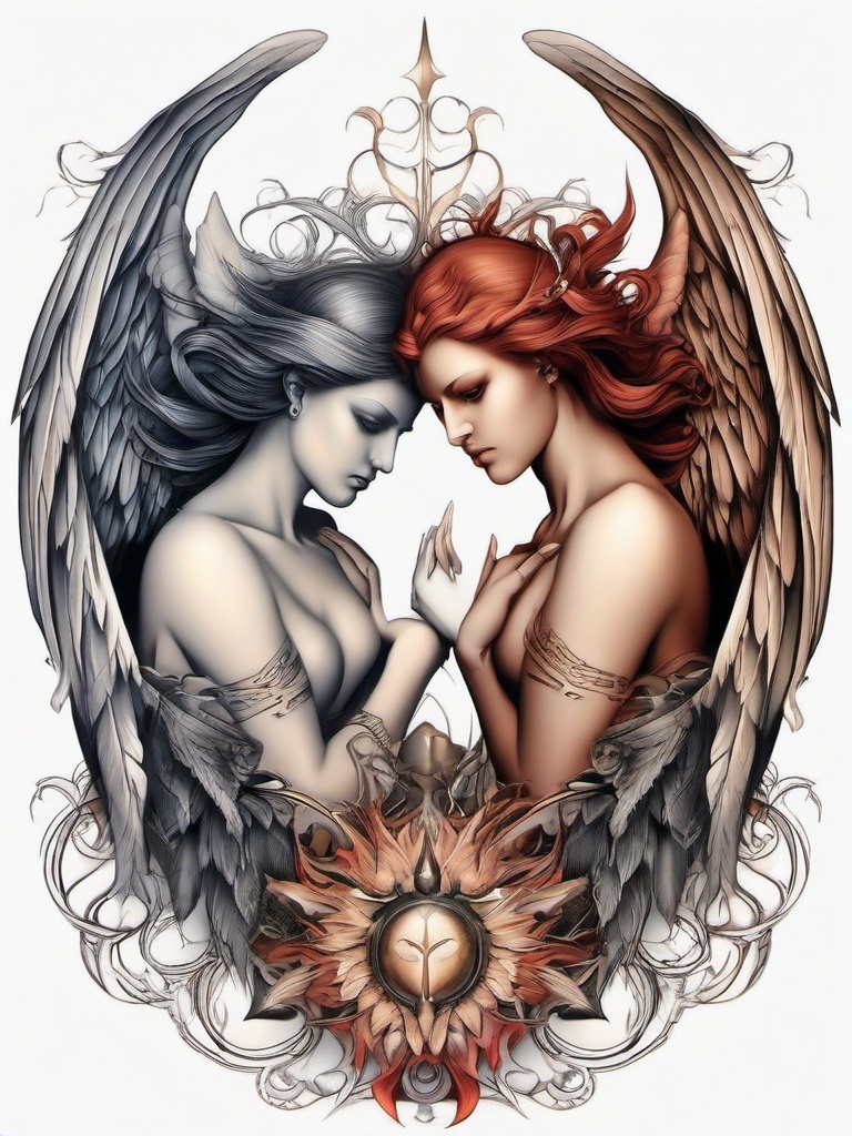 Angel and Demon Tattoo-Classic and symbolic tattoo featuring both angels and demons, capturing themes of duality.  simple color tattoo,white background