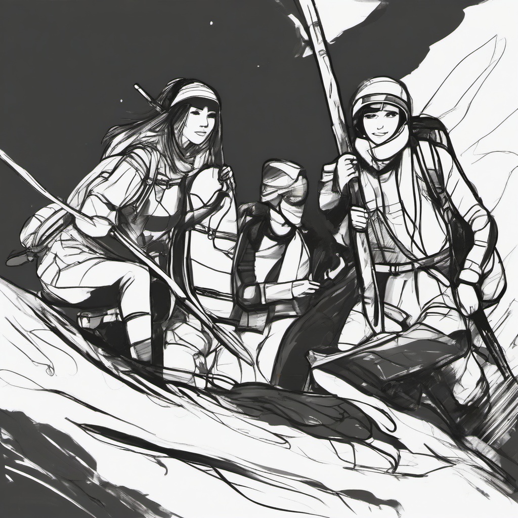 drawing of friends on an adventure  minimal rough sketch scribbles,doodles,black and white