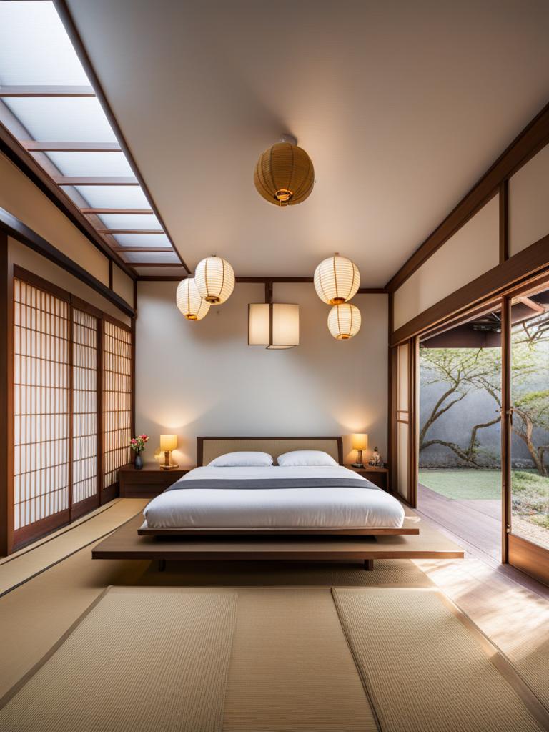 japanese-inspired bedroom with tatami mats and paper lanterns. 