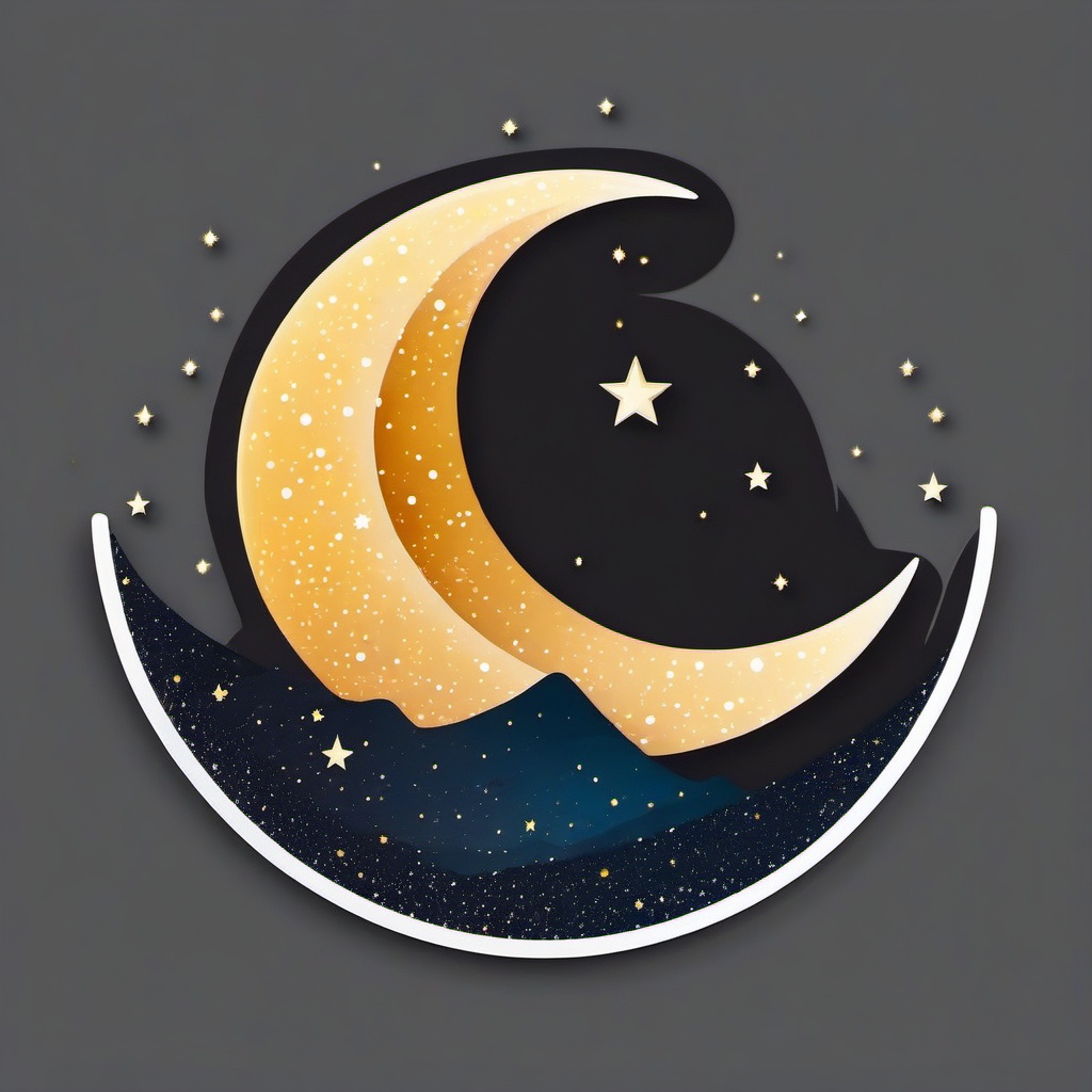 Moon with Stars Sticker - Crescent moon accompanied by sparkling stars, ,vector color sticker art,minimal