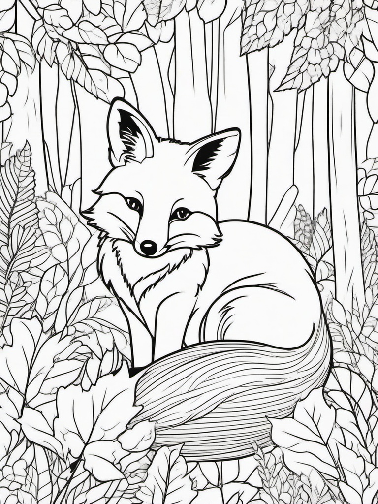 Fox Coloring Pages - Cute fox curled up in a cozy forest  simple coloring pages