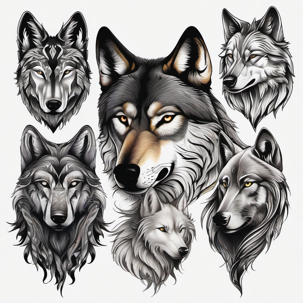 Ink Wolves Tattoo,collection of various wolf-themed tattoos, each showcasing the majesty and mystique of the wolf. , tattoo design, white clean background