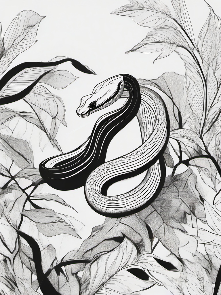 drawing of a snake slithering through leaves  minimal rough sketch scribbles,doodles,black and white